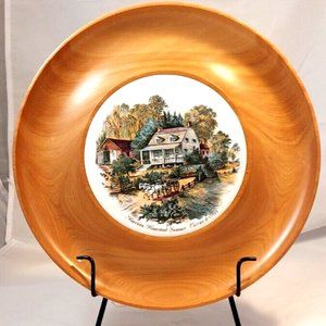 Wooden cheese tray Currier & Ives insert Woodbury Woodware of Shelburne VT vtg